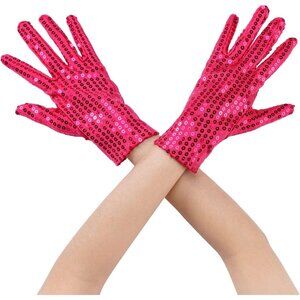Women's Rose Red Sparkly Sequin Full Finger Sleeves Gloves Banquet Party Prom